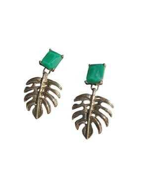 Gold Tone Monstera Leaf Drop Earrings Green Dangle Lightweight Dangle Jewelry